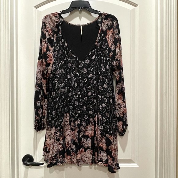 Free People Dress Small Black Multi Floral Print Boho Babydoll - Picture 3 of 8